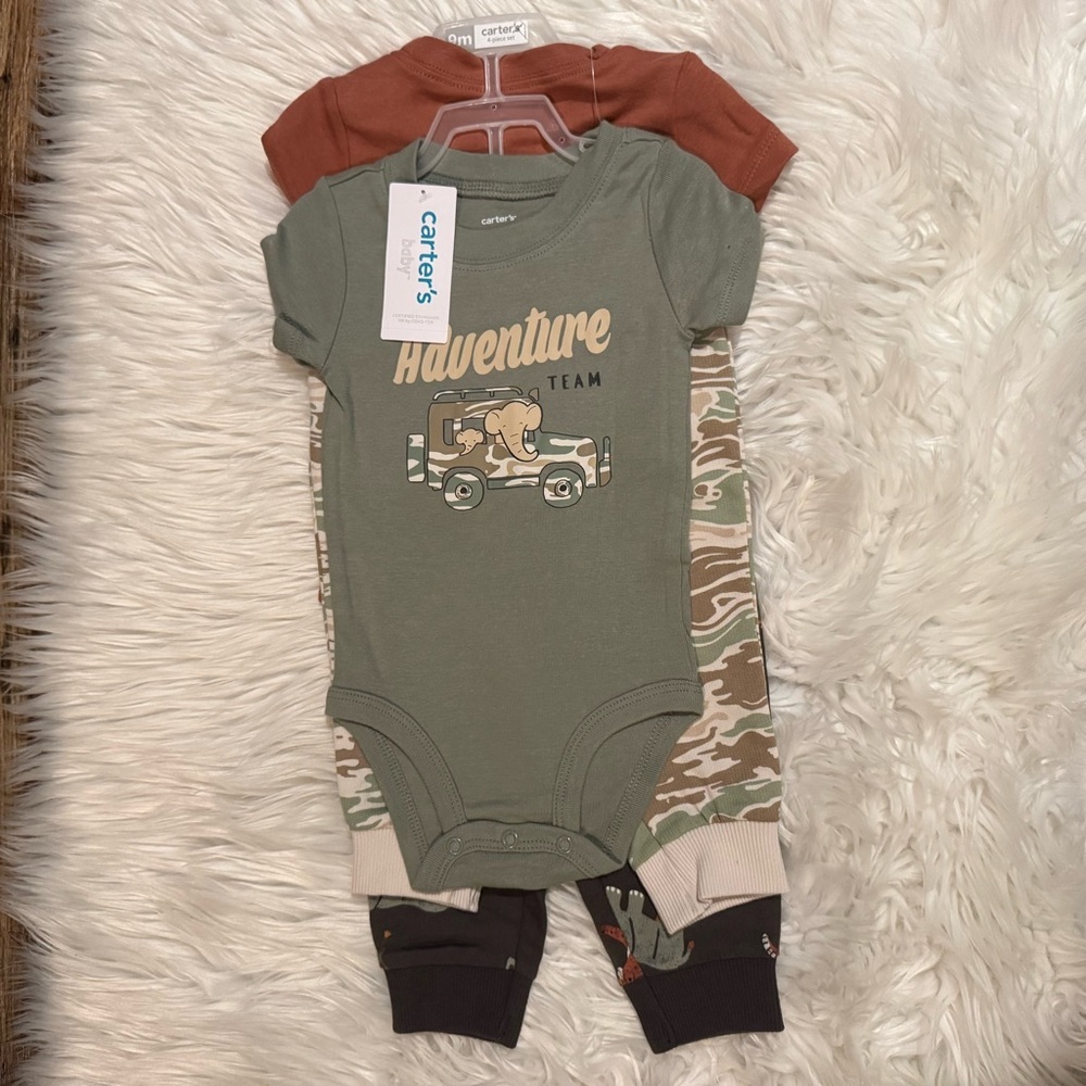 Carter’s 4pc Bodysuit Pants Set Baby Boy 9M Green Brown Safari Animals NWT